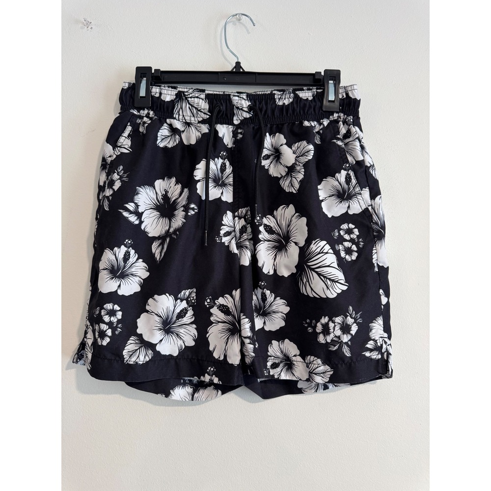 George Floral Swim Trunks Mens Small Black White Hibiscus Print Board Shorts